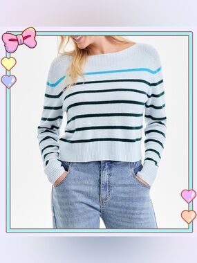 Charter Club Luxury Pop Stripe Boat-Neck Cashmere Sweater Light Blue Sz XS